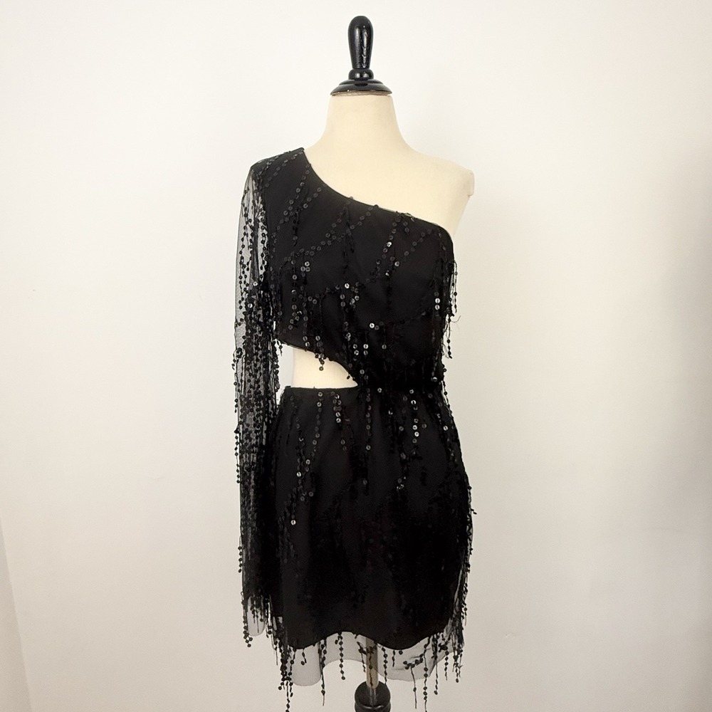 LUCY IN THE SKY Black Sequin One Shoulder Mesh DRESS L HOCO Whimsigoth Vamp Sexy - Picture 13 of 16